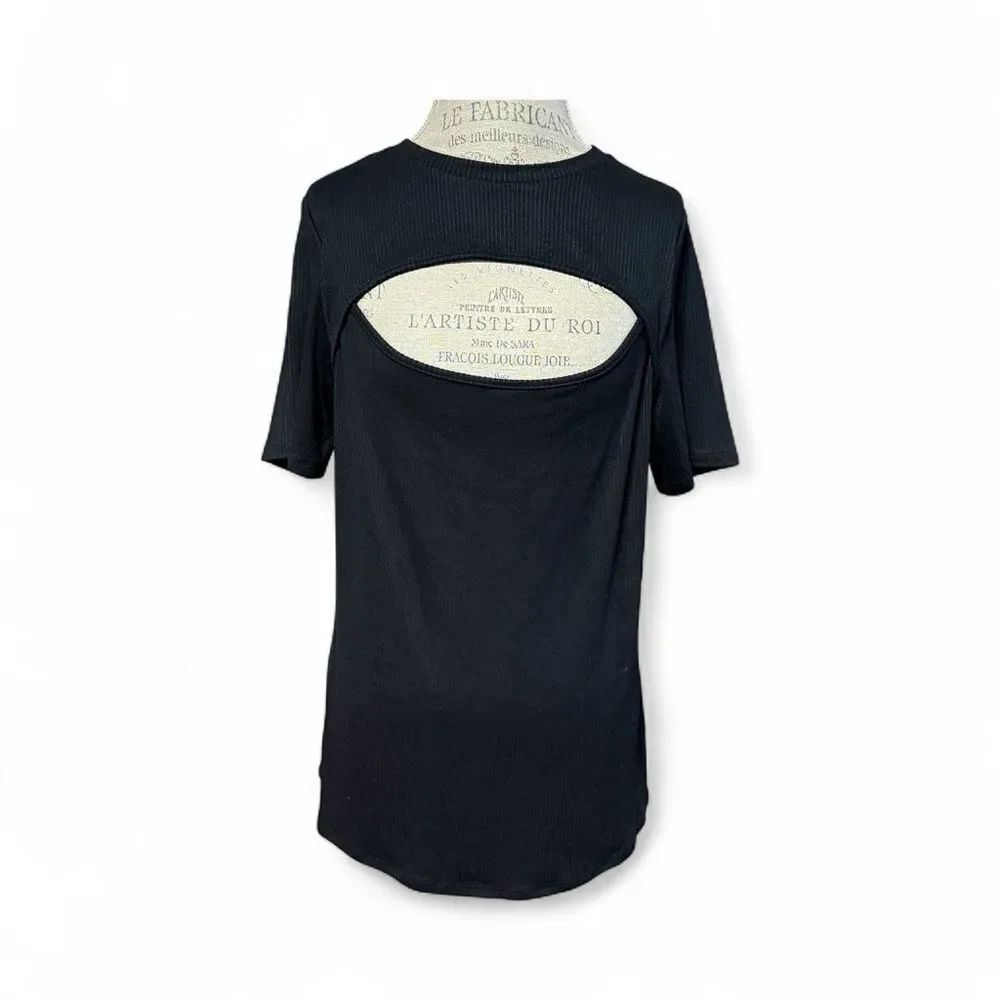 Ava-Viv Short Sleeve Ribbed Cut Out Blouse Black Size XL